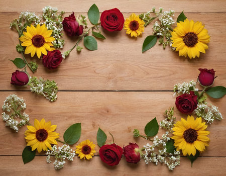 Frame of flowers on a wooden background. Flat lay, top viewの素材