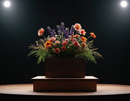 Flowers in a vase on a wooden table in a dark roomの素材