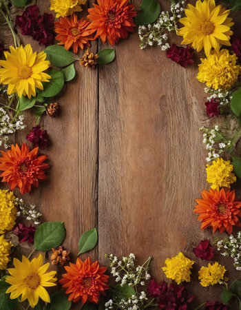 Autumn flowers on wooden background with space for text, top viewの素材