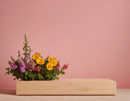 Flower arrangement in wooden box with copy space on pink background.の素材