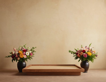Wooden tray with bouquet of spring flowers on beige backgroundの素材
