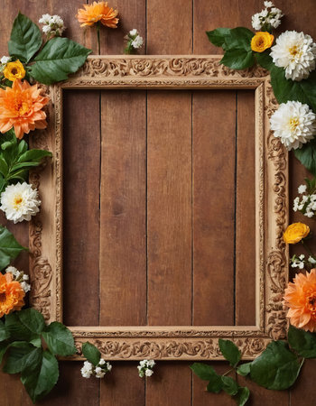 Wooden frame with flowers on wooden background. Top view with copy spaceの素材