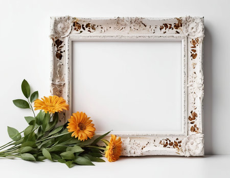 Vintage photo frame with gerbera flowers on white background.の素材