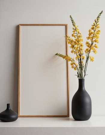 Black vase with yellow flowers and wooden frame on white shelf against white wallの素材