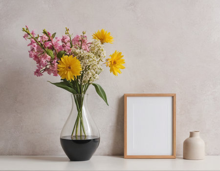 Vase with beautiful flowers and photo frame on table near light wallの素材