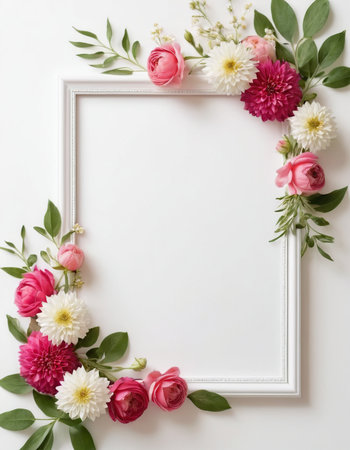 Frame with flowers on white background. Flat lay, top view.の素材