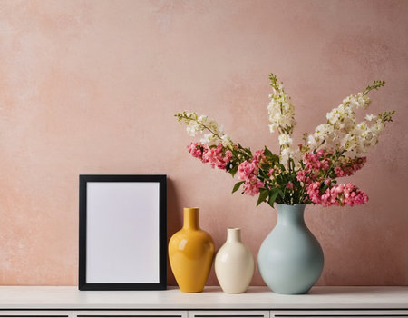 Mock up frame, vase with beautiful flowers on white wooden table near color wallの素材