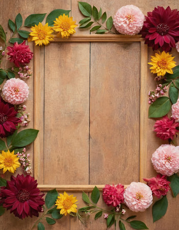 Frame with flowers on wooden background. Flat lay, top view.の素材