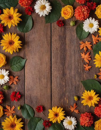Autumn flowers on wooden background with space for text, top viewの素材
