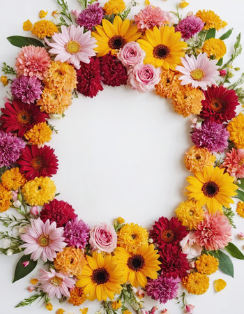 Flowers composition. Frame made of autumn flowers on white background. Flat lay, top viewの素材