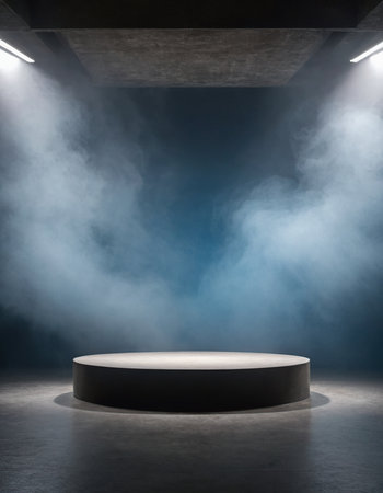 Empty podium in dark room with smoke. Mock up, 3D Renderingの素材