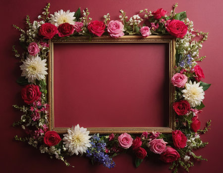 Frame with flowers on red background. Flat lay, top view.の素材