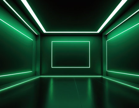 Futuristic interior design with glowing neon lights. 3D renderingの素材