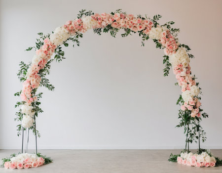 wedding arch with pink and white roses on the white wallの素材