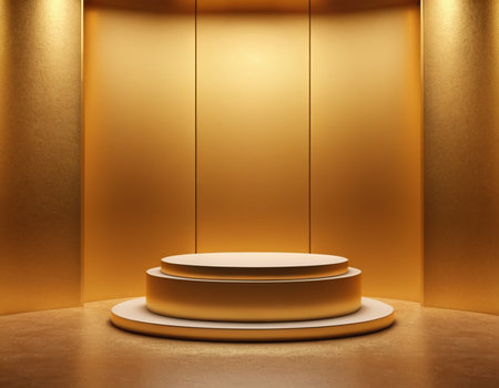 3d render of golden podium for product presentation. Luxury backgroundの素材