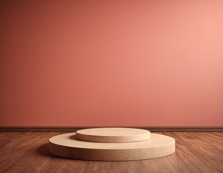 Wooden podium on the floor in a room with a pink wallの素材