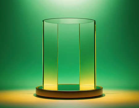 Empty round glass stand on green background. 3d render illustration.の素材