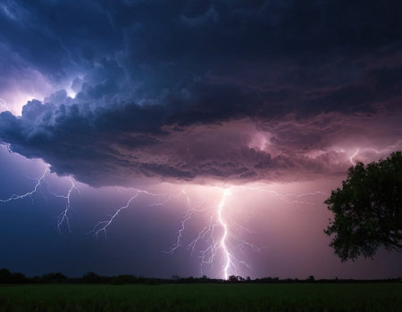 Lightning in the sky. Thunderstorm over the field. Nature backgroundの素材