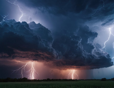 Lightning strike in the dark sky. Thunderstorm and lightning.の素材