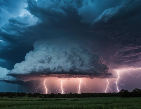 Thunderstorm over the rice field in thailand, natural disaster conceptの素材
