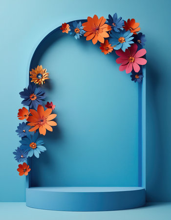 3d render of blue background with floral arch, 3d illustrationの素材