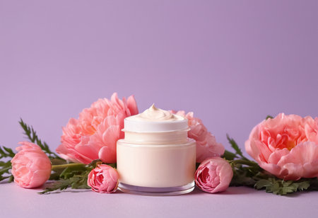 Cosmetic cream in a jar with pink flowers on a purple backgroundの素材