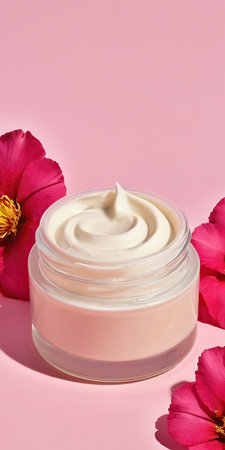 Cosmetic cream in a jar with pink flowers on a pink backgroundの素材