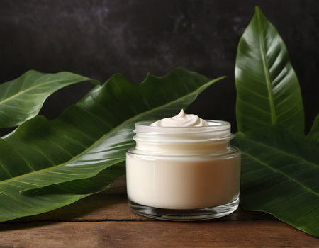 Jar of body cream and green leaves on wooden table against dark backgroundの素材