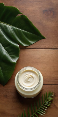 Jar of body cream and tropical leaves on wooden background, top viewの素材