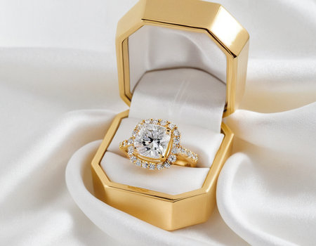 Jewelry diamond ring in gold box on white satin backgroundの素材