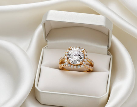 wedding ring with diamond in a box on white silk backgroundの素材