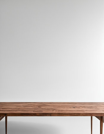 Wooden table in front of a white wall. 3d renderingの素材