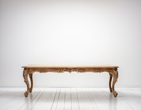 Vintage baroque table in empty room with white wall.の素材