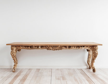 Vintage wooden table in white room interior. 3d render illustrationの素材