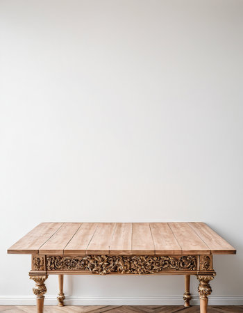 Vintage wooden table in front of white wall. 3d renderの素材