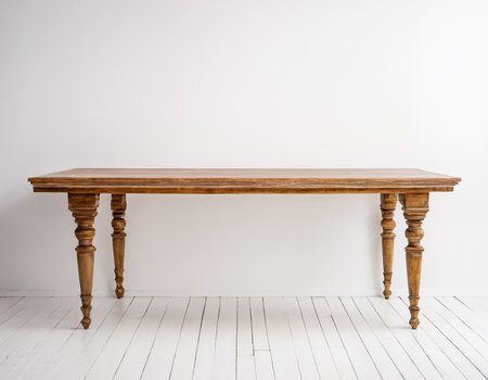 Old wooden table in a white room with a white wall on the backgroundの素材