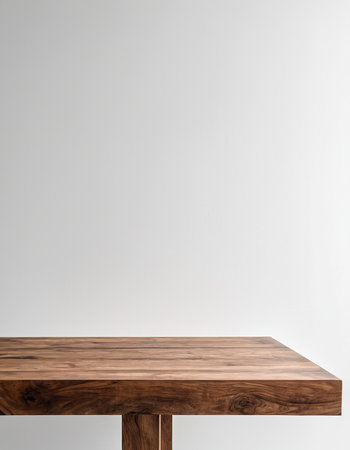 Empty wooden table top isolated on white wall background. For product displayの素材