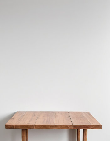 Empty wooden table top on white wall background. For product display.の素材