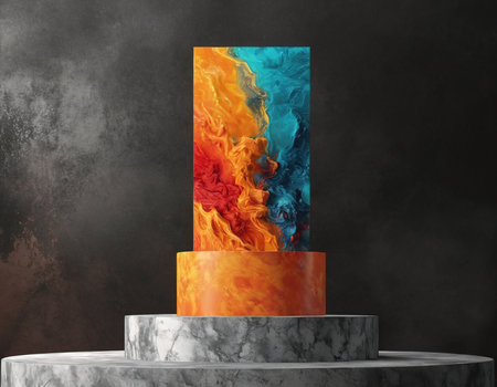 3d rendering of abstract marble pedestal with fire on black backgroundの素材