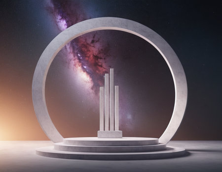 Podium with round arch and colorful night sky. 3D renderingの素材
