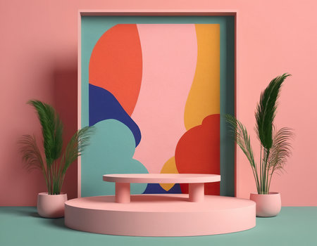 3d rendering of abstract minimal geometric forms. Glossy podium in pink and blue studio. Fashion show stage background.の素材