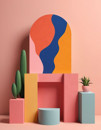 Minimal scene with geometric shapes, podiums and cactuses. 3d renderの素材