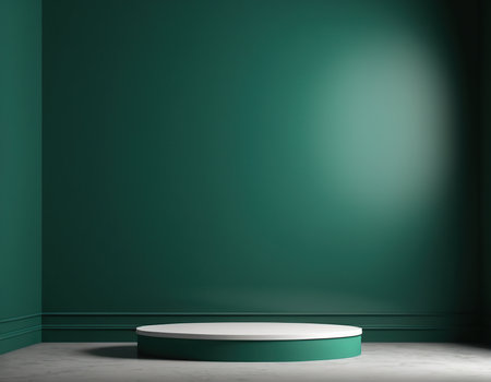 Green background with a podium, 3d rendering. Computer digital drawing.の素材