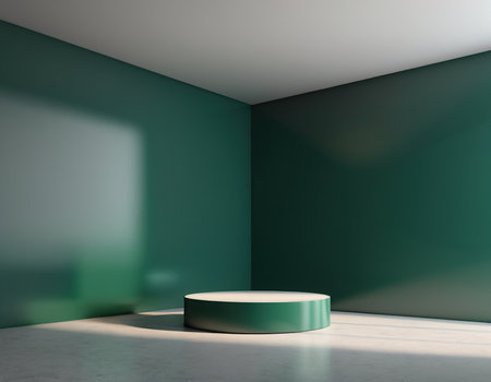 Minimalist green room with podium on concrete floor, 3d renderの素材