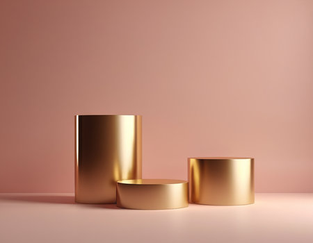 3d render of abstract geometric forms. Glossy golden podium for cosmetic product presentation.の素材