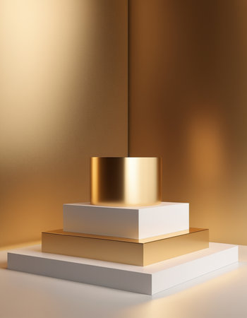 3d render of abstract minimal geometric forms. Glossy golden podium for your design.の素材