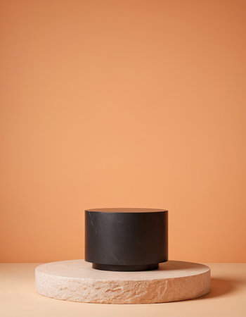 Minimalist abstract background, primitive geometrical forms, black podium for product presentation.の素材