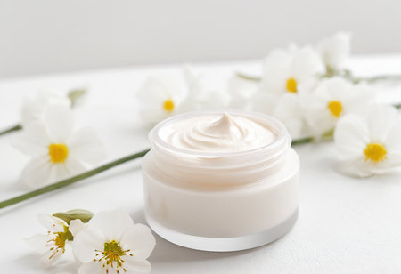 Jar of cream and spring flowers on white table, closeup. Beauty treatmentの素材