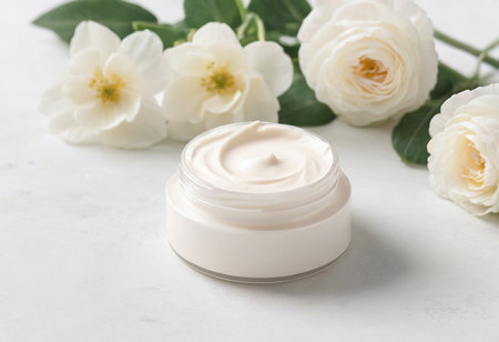 Jar of body cream and white flowers on light background, closeupの素材