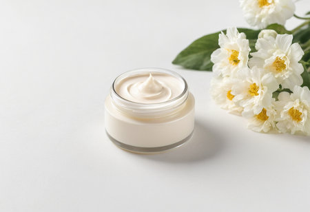Jar of cream and jasmine flowers on white background, closeupの素材